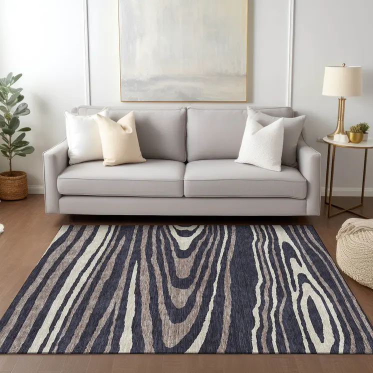 3' X 5' Black Taupe And Beige Faux Bois Washable Indoor Outdoor Area Rug