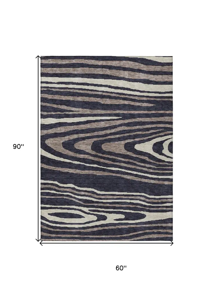 5' X 8' Black Taupe And Beige Faux Bois Washable Indoor Outdoor Area Rug