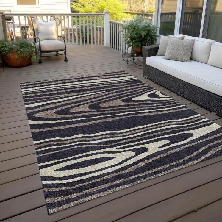 5' X 8' Black Taupe And Beige Faux Bois Washable Indoor Outdoor Area Rug