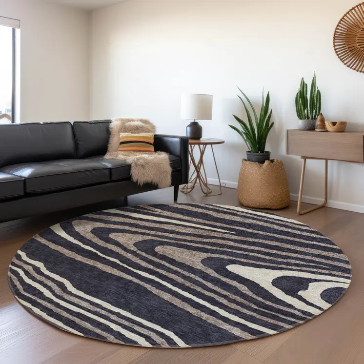 8' Black Taupe And Beige Round Faux Bois Washable Indoor Outdoor Area Rug