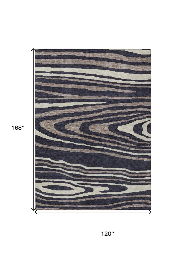 10' X 14' Black Taupe And Beige Faux Bois Washable Indoor Outdoor Area Rug