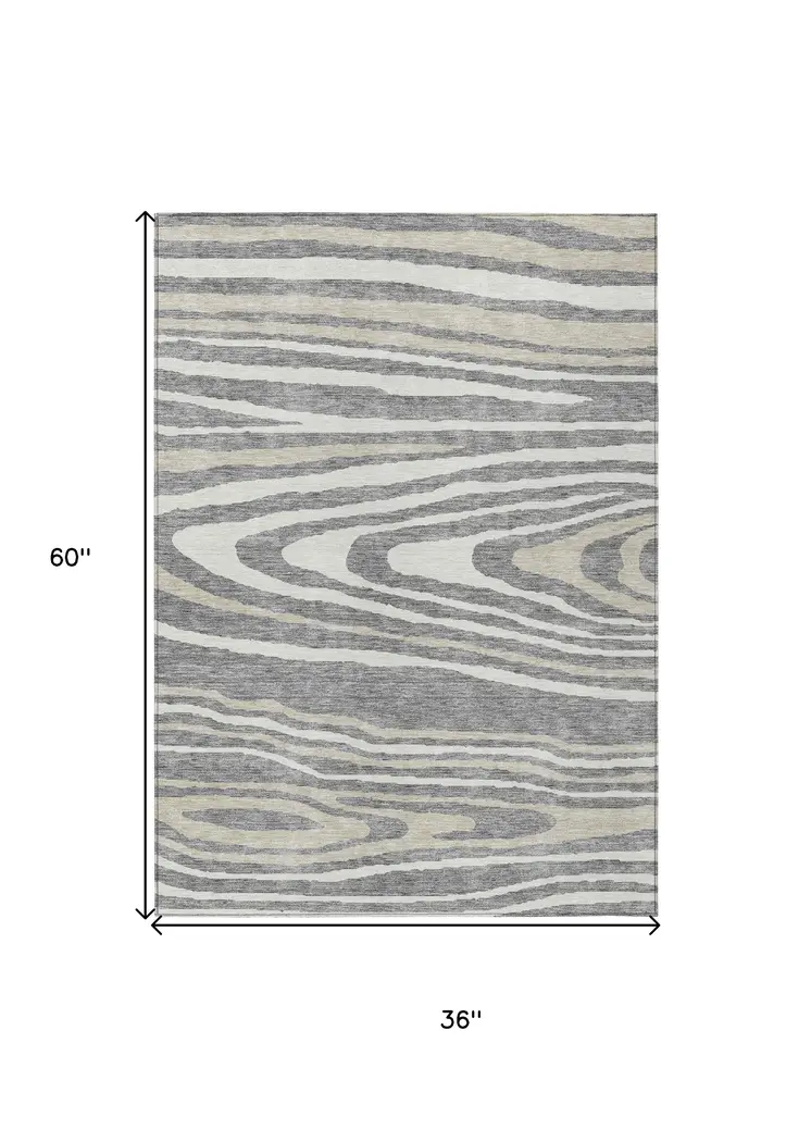 3' X 5' Gray Ivory And Beige Faux Bois Washable Indoor Outdoor Area Rug