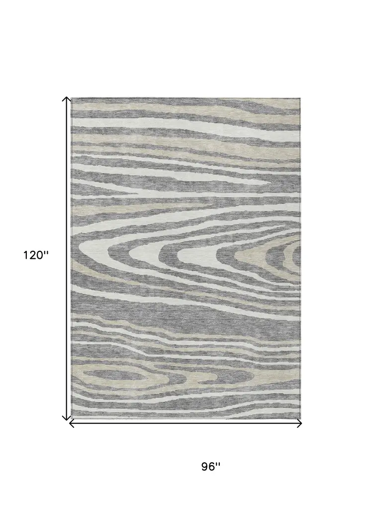 8' X 10' Gray Ivory And Beige Faux Bois Washable Indoor Outdoor Area Rug