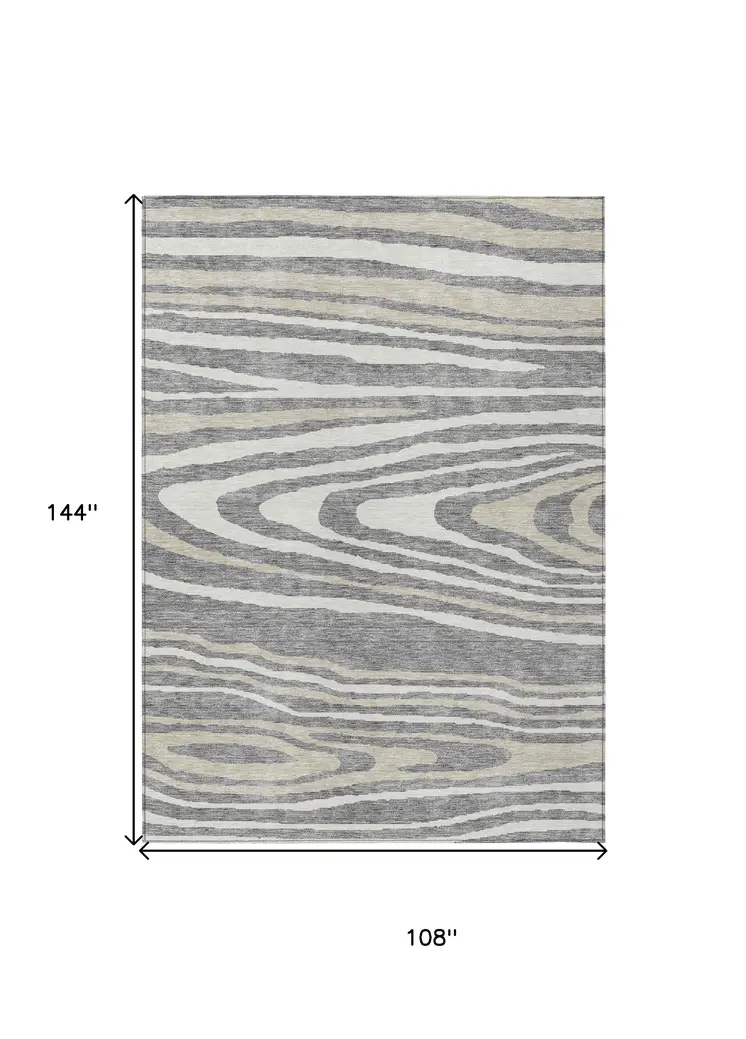 9' X 12' Gray Ivory And Beige Faux Bois Washable Indoor Outdoor Area Rug