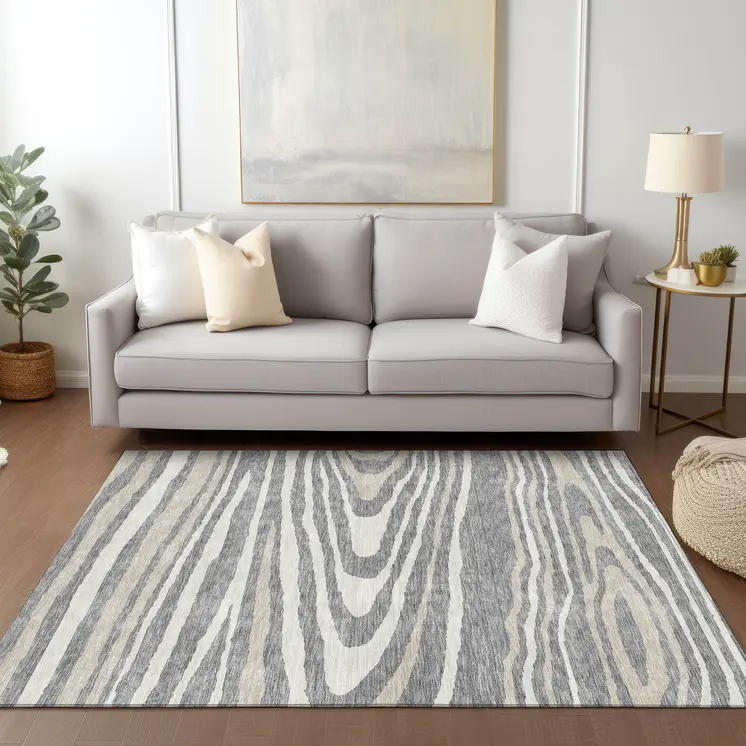9' X 12' Gray Ivory And Beige Faux Bois Washable Indoor Outdoor Area Rug