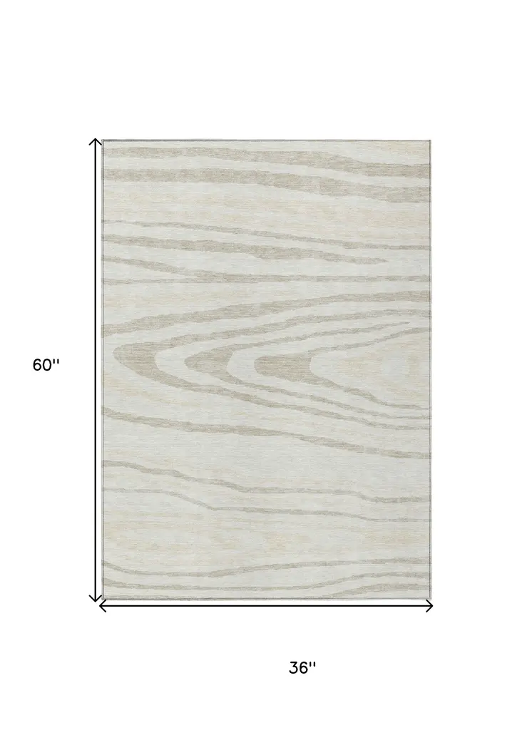 3' X 5' Ivory Beige And Taupe Faux Bois Washable Indoor Outdoor Area Rug