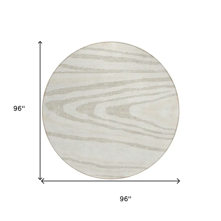 8' Ivory Beige And Taupe Round Faux Bois Washable Indoor Outdoor Area Rug