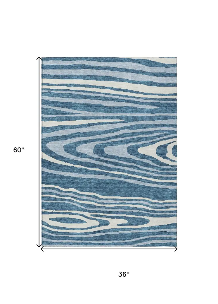 3' X 5' Navy Blue Denim Blue And Ivory Faux Bois Washable Indoor Outdoor Area Rug