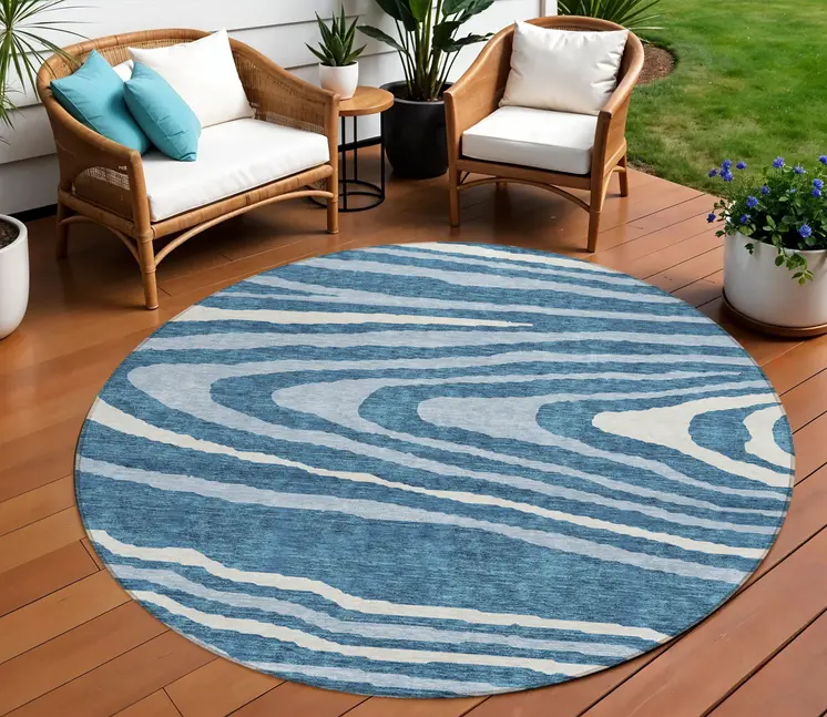 8' Navy Blue Denim Blue And Ivory Round Faux Bois Washable Indoor Outdoor Area Rug