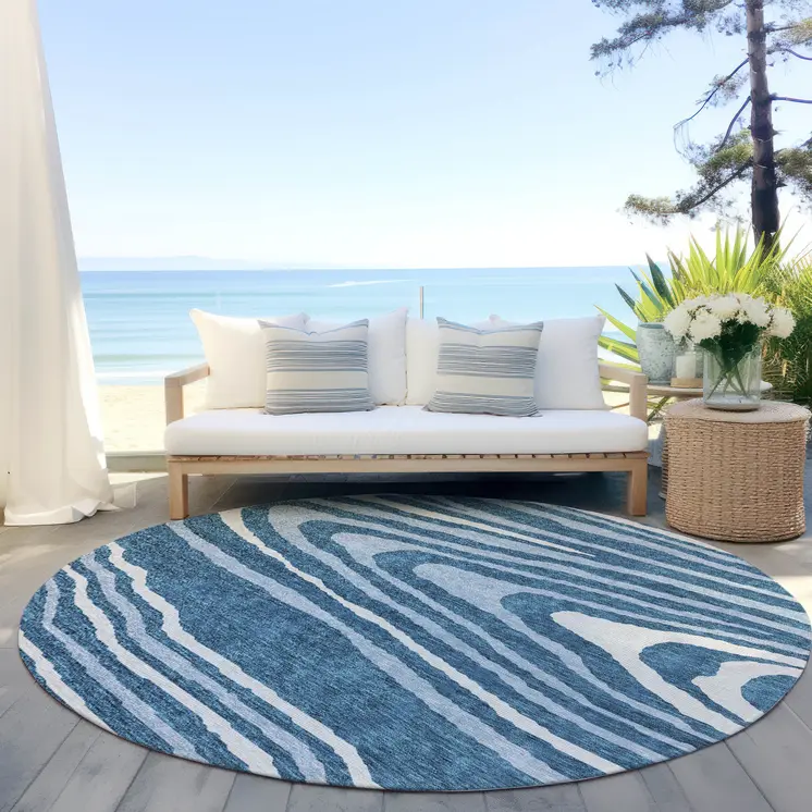 8' Navy Blue Denim Blue And Ivory Round Faux Bois Washable Indoor Outdoor Area Rug