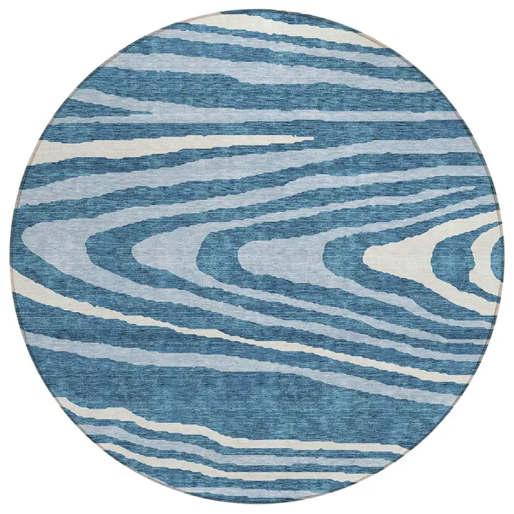 8' Navy Blue Denim Blue And Ivory Round Faux Bois Washable Indoor Outdoor Area Rug