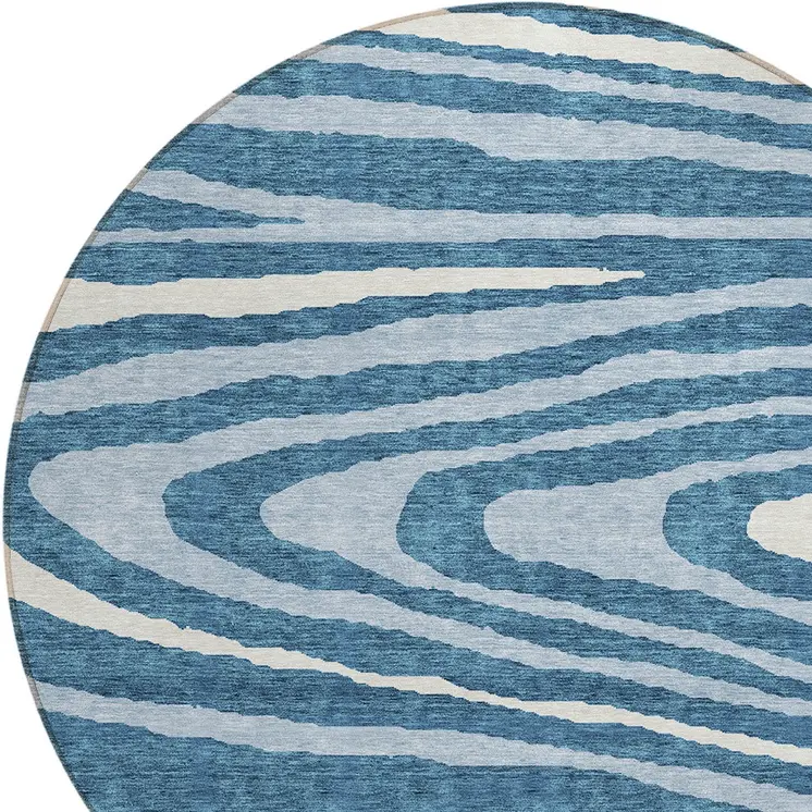 8' Navy Blue Denim Blue And Ivory Round Faux Bois Washable Indoor Outdoor Area Rug