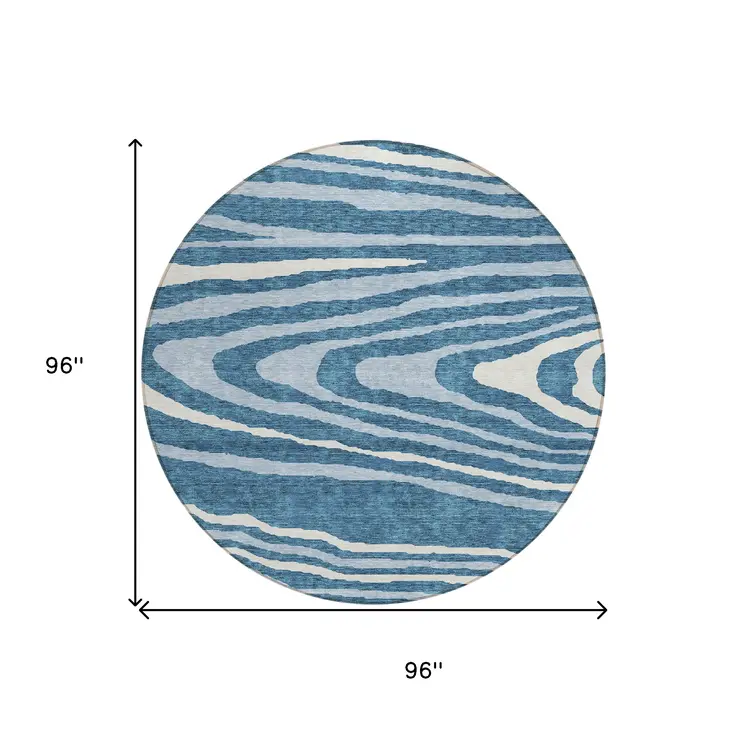 8' Navy Blue Denim Blue And Ivory Round Faux Bois Washable Indoor Outdoor Area Rug