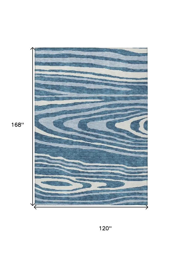 10' X 14' Navy Blue Denim Blue And Ivory Faux Bois Washable Indoor Outdoor Area Rug