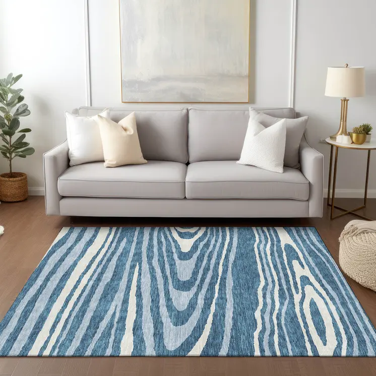 10' X 14' Navy Blue Denim Blue And Ivory Faux Bois Washable Indoor Outdoor Area Rug