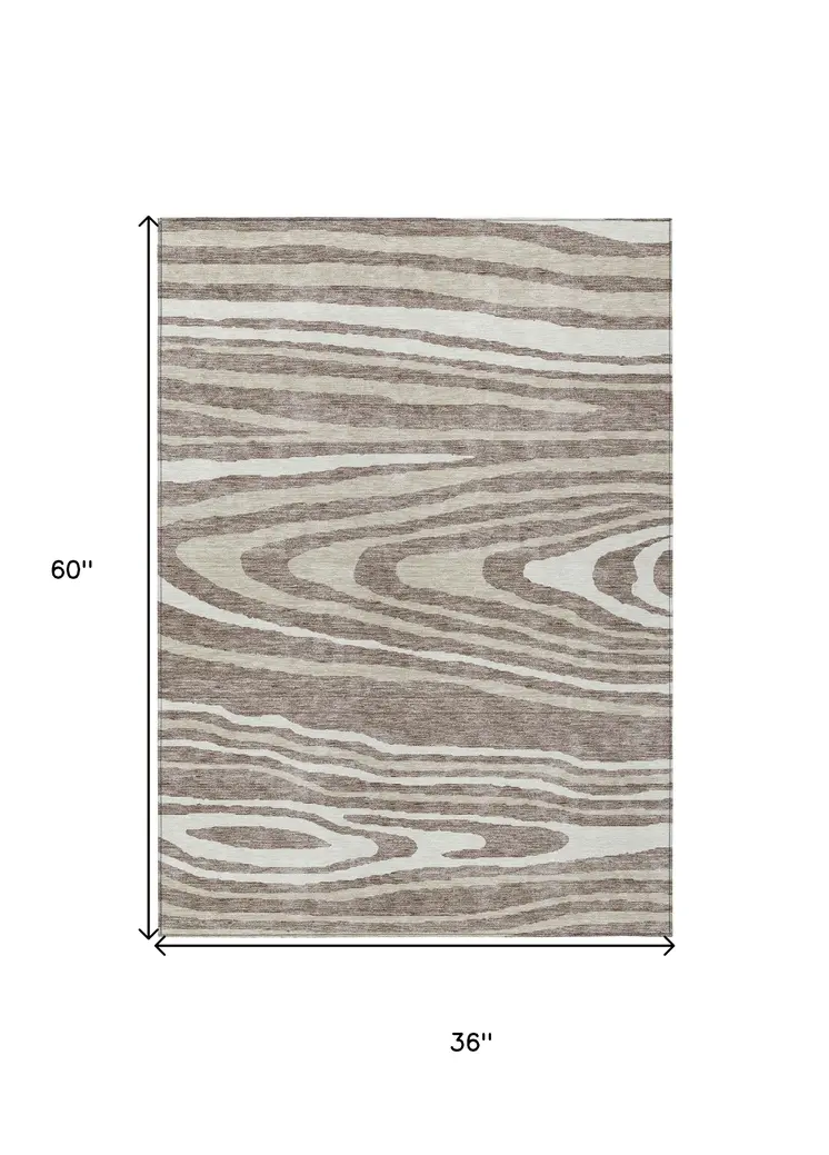 3' X 5' Taupe Ivory And Khaki Faux Bois Washable Indoor Outdoor Area Rug