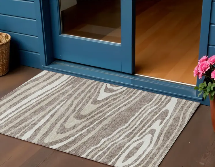 3' X 5' Taupe Ivory And Khaki Faux Bois Washable Indoor Outdoor Area Rug