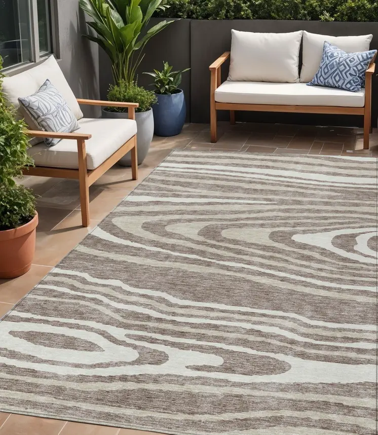 5' X 8' Taupe Ivory And Khaki Faux Bois Washable Indoor Outdoor Area Rug
