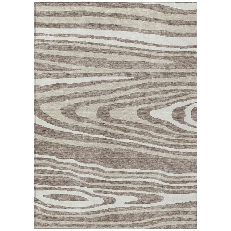 5' X 8' Taupe Ivory And Khaki Faux Bois Washable Indoor Outdoor Area Rug