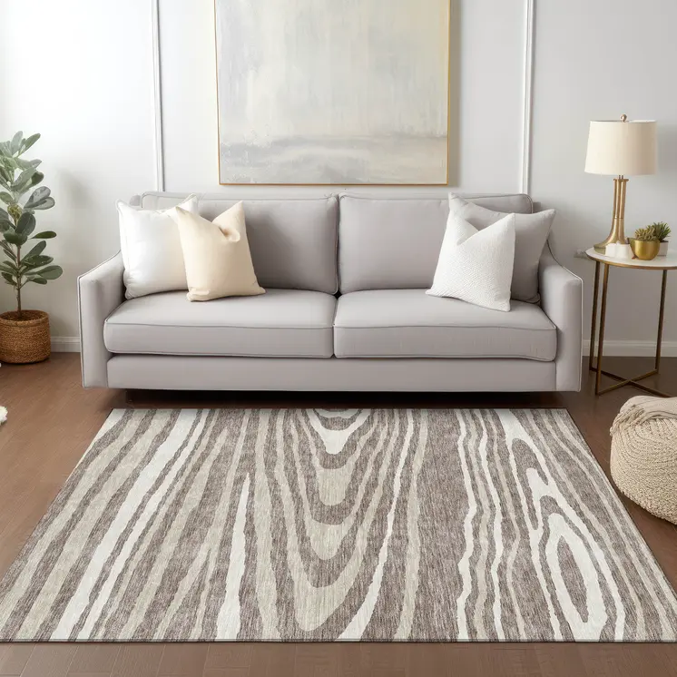 5' X 8' Taupe Ivory And Khaki Faux Bois Washable Indoor Outdoor Area Rug