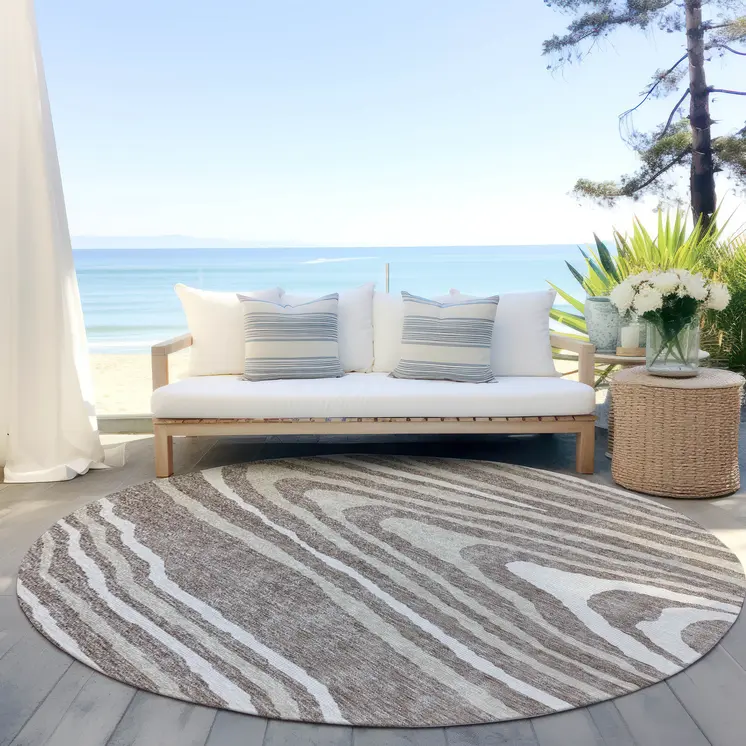 8' Taupe Ivory And Khaki Round Faux Bois Washable Indoor Outdoor Area Rug