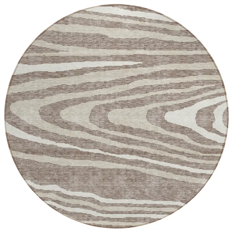 8' Taupe Ivory And Khaki Round Faux Bois Washable Indoor Outdoor Area Rug