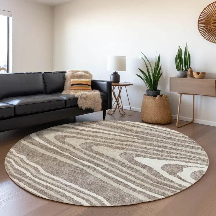 8' Taupe Ivory And Khaki Round Faux Bois Washable Indoor Outdoor Area Rug