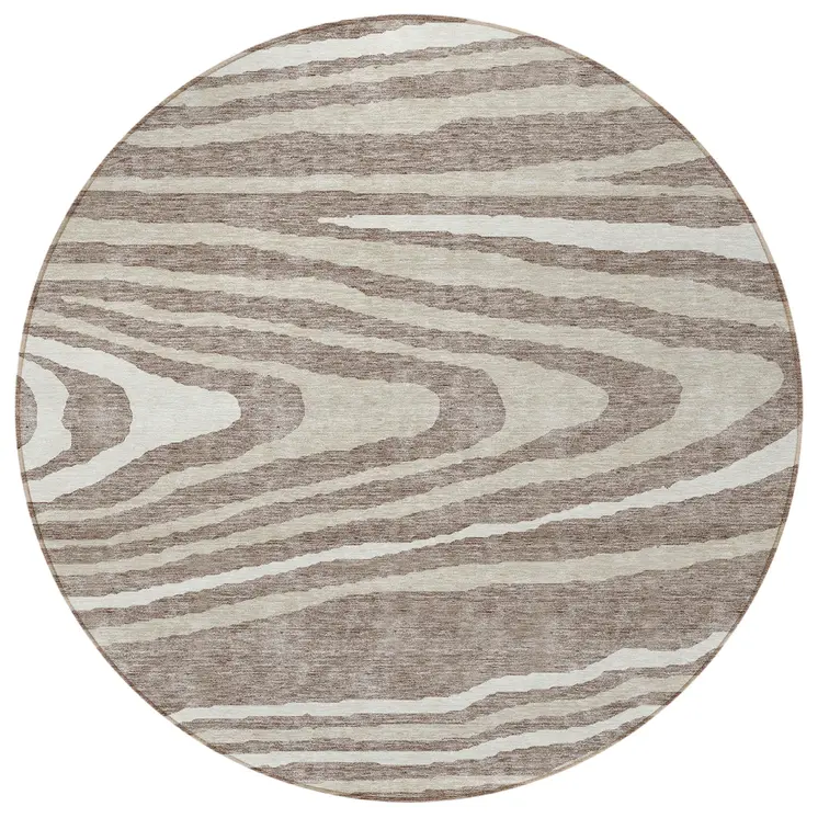 8' Taupe Ivory And Khaki Round Faux Bois Washable Indoor Outdoor Area Rug