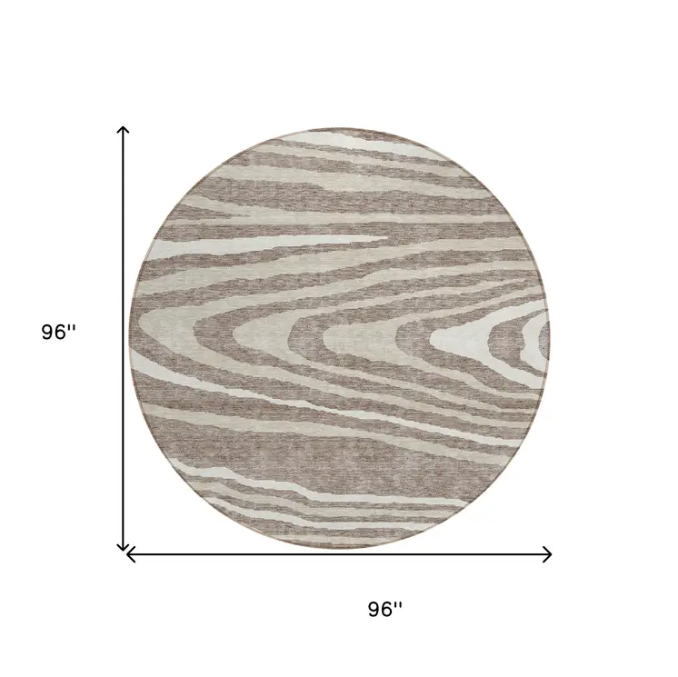 8' Taupe Ivory And Khaki Round Faux Bois Washable Indoor Outdoor Area Rug