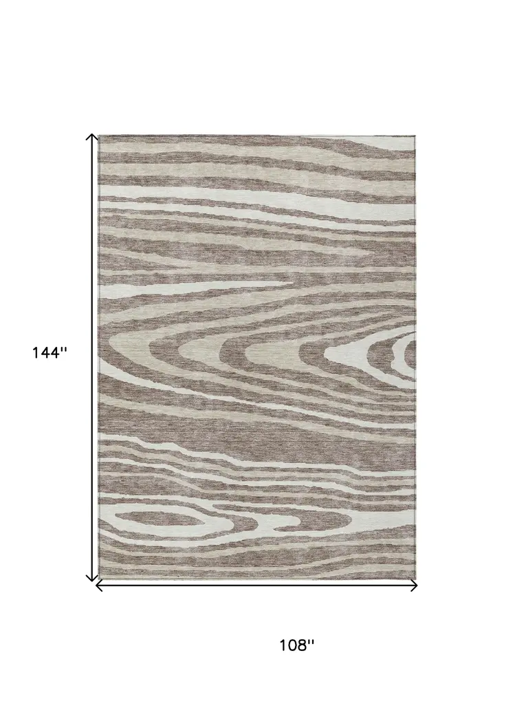 9' X 12' Taupe Ivory And Khaki Faux Bois Washable Indoor Outdoor Area Rug