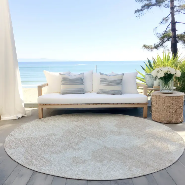 8' Beige And Ivory Round Abstract Washable Indoor Outdoor Area Rug