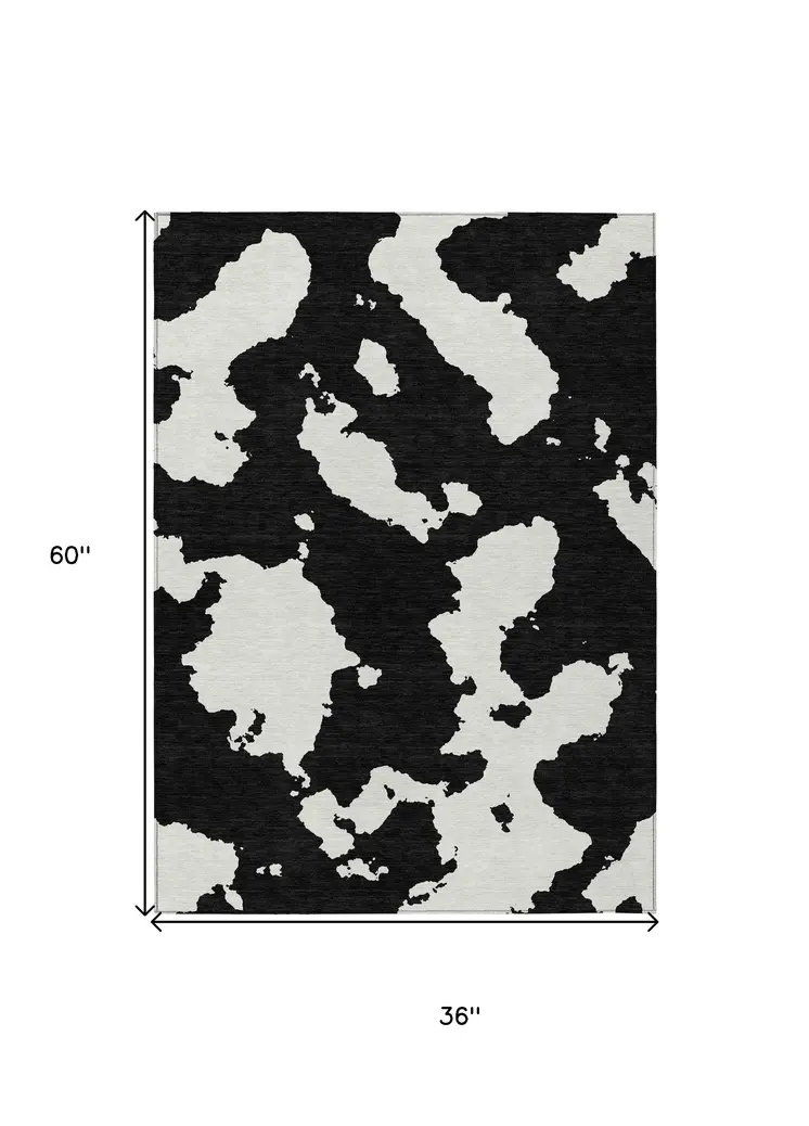 3' X 5' Black And Ivory Abstract Washable Indoor Outdoor Area Rug