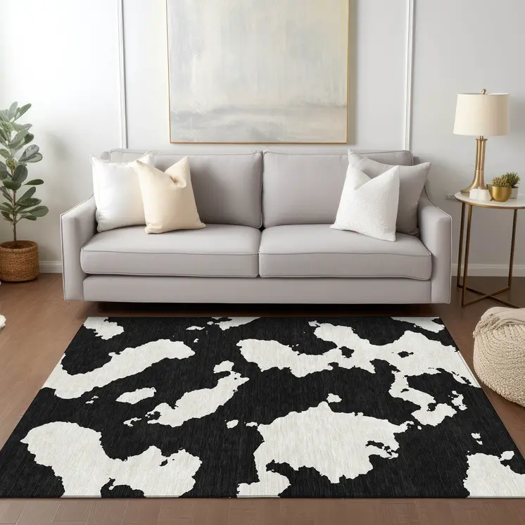 3' X 5' Black And Ivory Abstract Washable Indoor Outdoor Area Rug