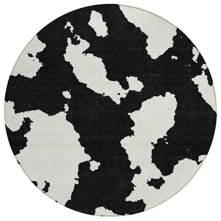 8' Black And Ivory Round Abstract Washable Indoor Outdoor Area Rug