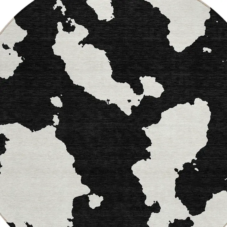 8' Black And Ivory Round Abstract Washable Indoor Outdoor Area Rug