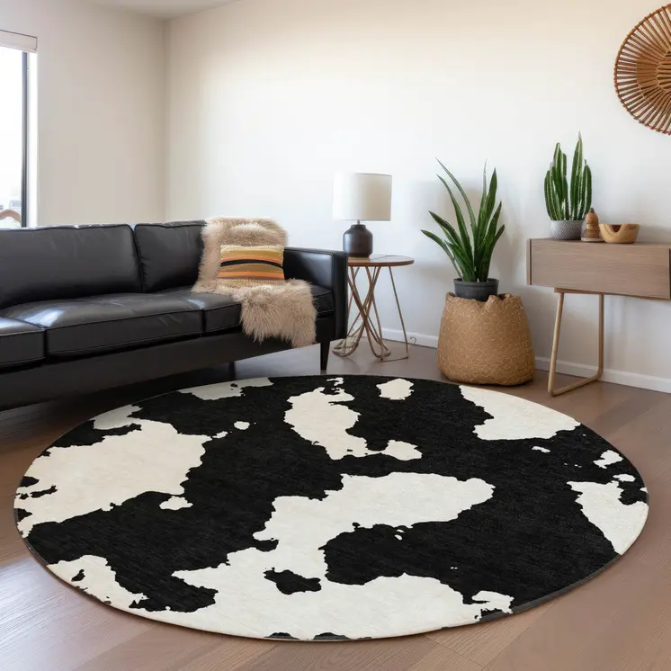 8' Black And Ivory Round Abstract Washable Indoor Outdoor Area Rug