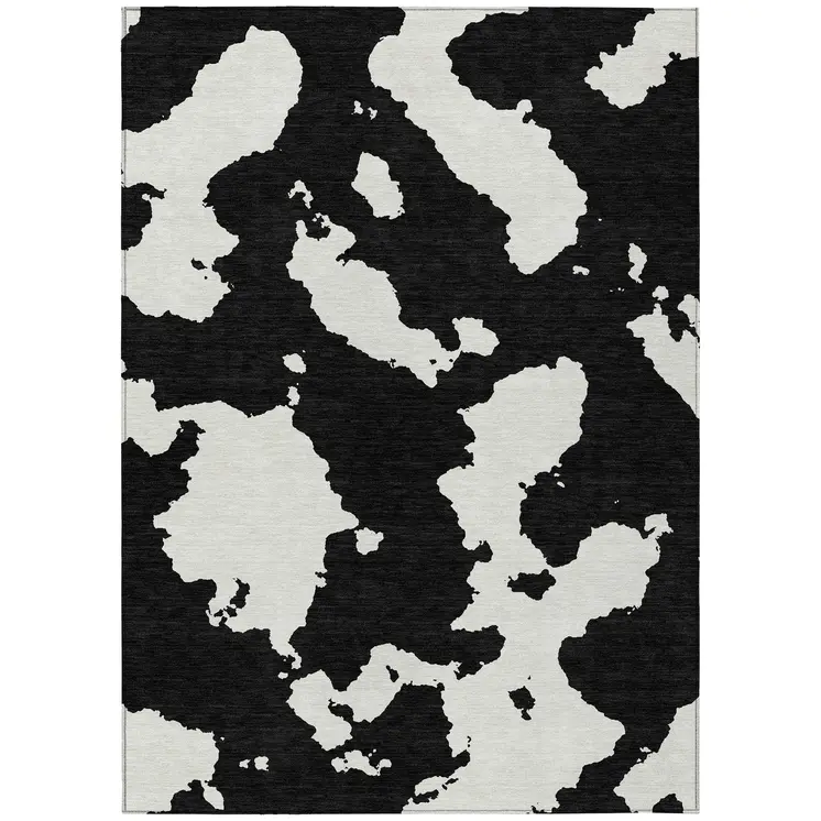 8' X 10' Black And Ivory Abstract Washable Indoor Outdoor Area Rug