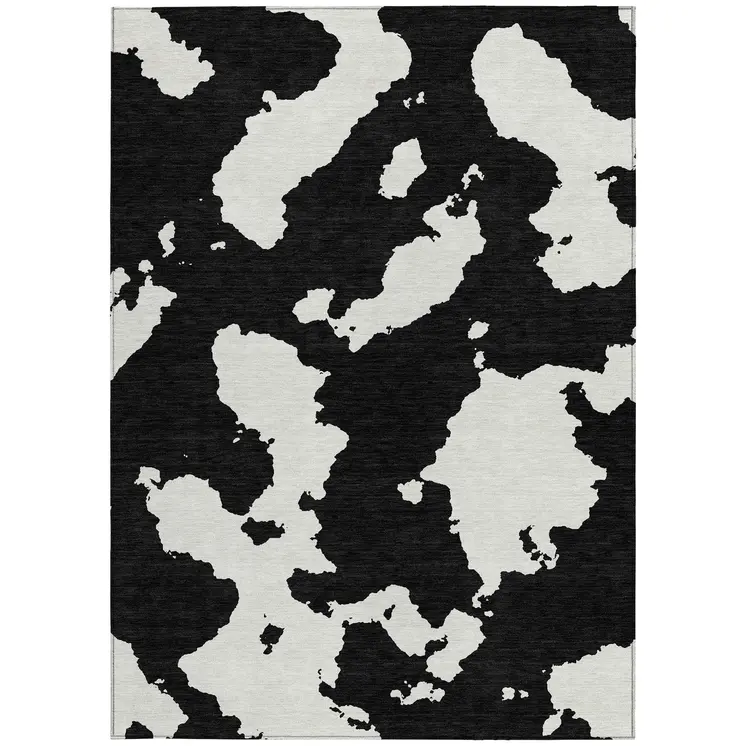 9' X 12' Black And Ivory Abstract Washable Indoor Outdoor Area Rug