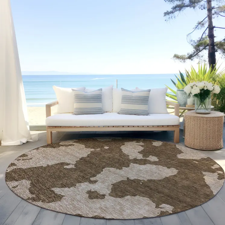 8' Brown And Beige Round Abstract Washable Indoor Outdoor Area Rug