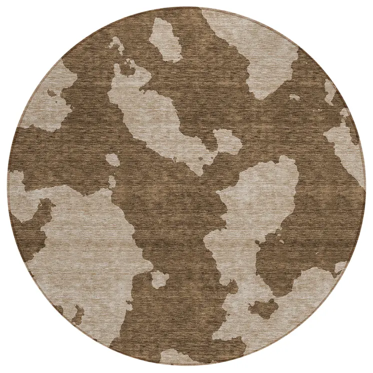 8' Brown And Beige Round Abstract Washable Indoor Outdoor Area Rug