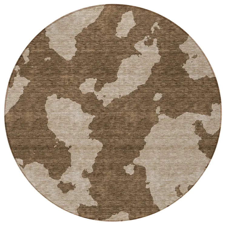 8' Brown And Beige Round Abstract Washable Indoor Outdoor Area Rug