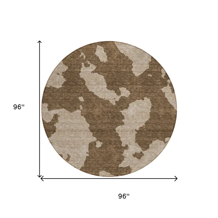 8' Brown And Beige Round Abstract Washable Indoor Outdoor Area Rug