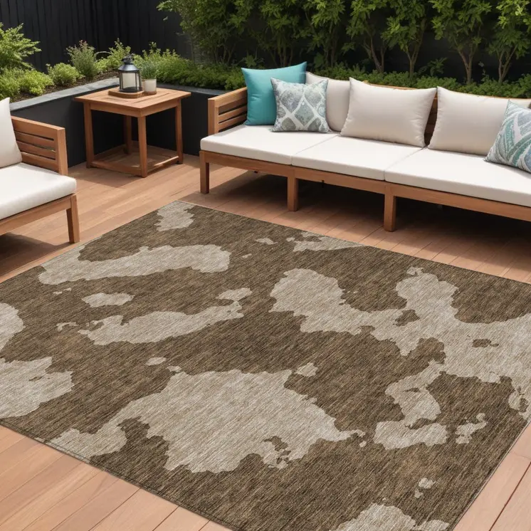 10' X 14' Brown And Beige Abstract Washable Indoor Outdoor Area Rug