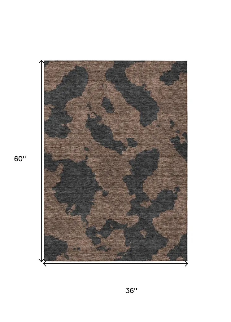 3' X 5' Chocolate And Charcoal Abstract Washable Indoor Outdoor Area Rug