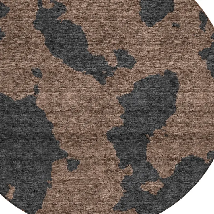 8' Chocolate And Charcoal Round Abstract Washable Indoor Outdoor Area Rug