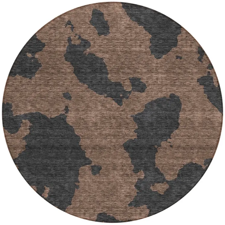 8' Chocolate And Charcoal Round Abstract Washable Indoor Outdoor Area Rug