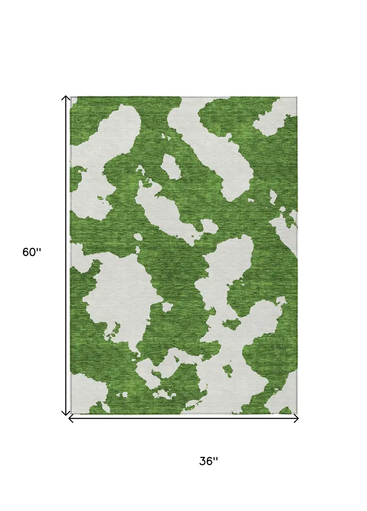3' X 5' Green And Ivory Abstract Washable Indoor Outdoor Area Rug
