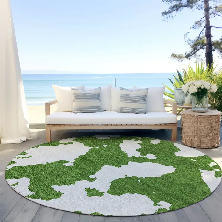 8' Green And Ivory Round Abstract Washable Indoor Outdoor Area Rug