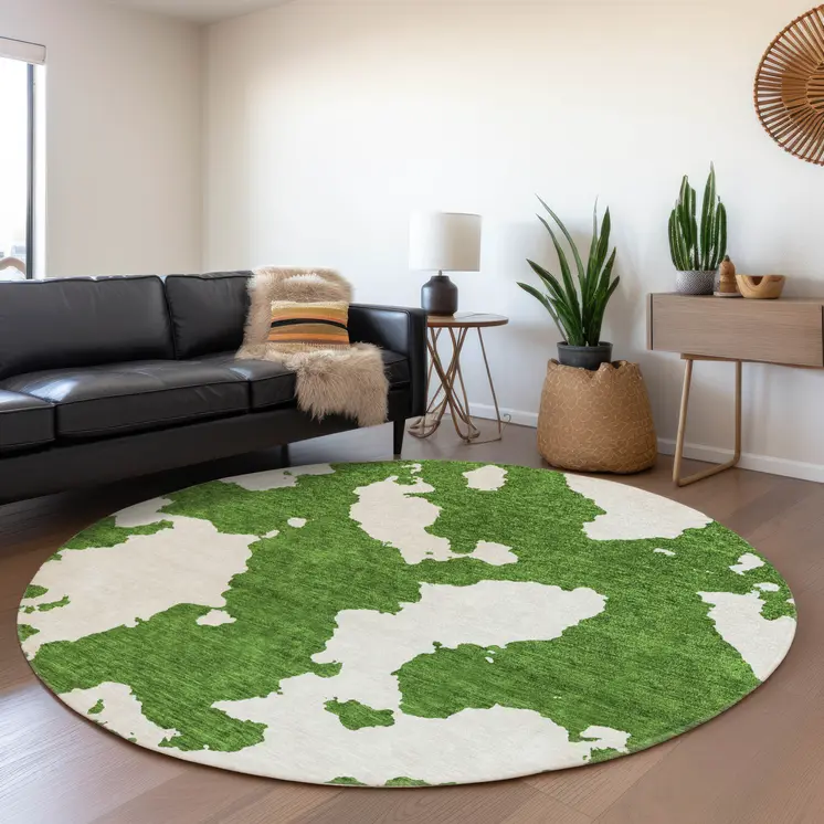 8' Green And Ivory Round Abstract Washable Indoor Outdoor Area Rug