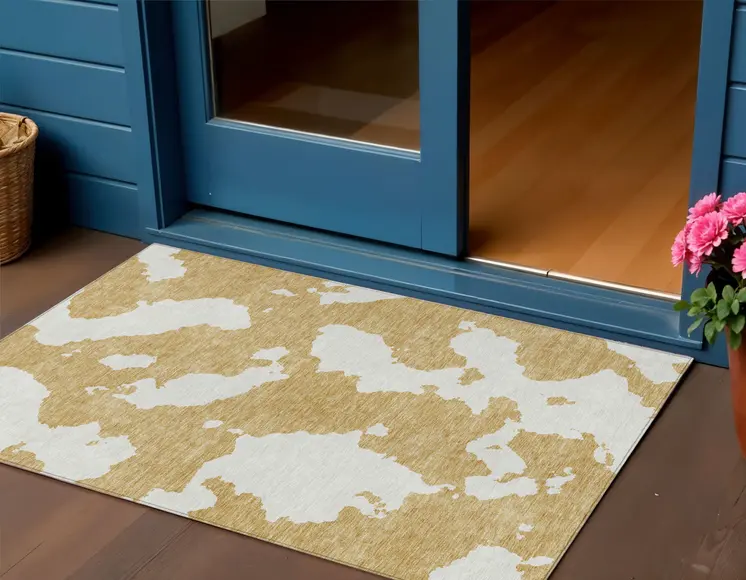 3' X 5' Gold And Ivory Abstract Washable Indoor Outdoor Area Rug
